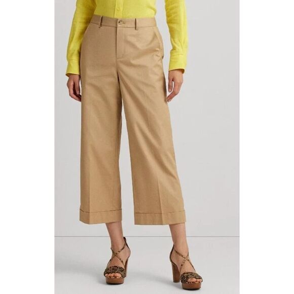 Lauren Ralph Lauren Women's Sz 16 Tan Pleated Cotton Twill Cropped Pants - Picture 10 of 11